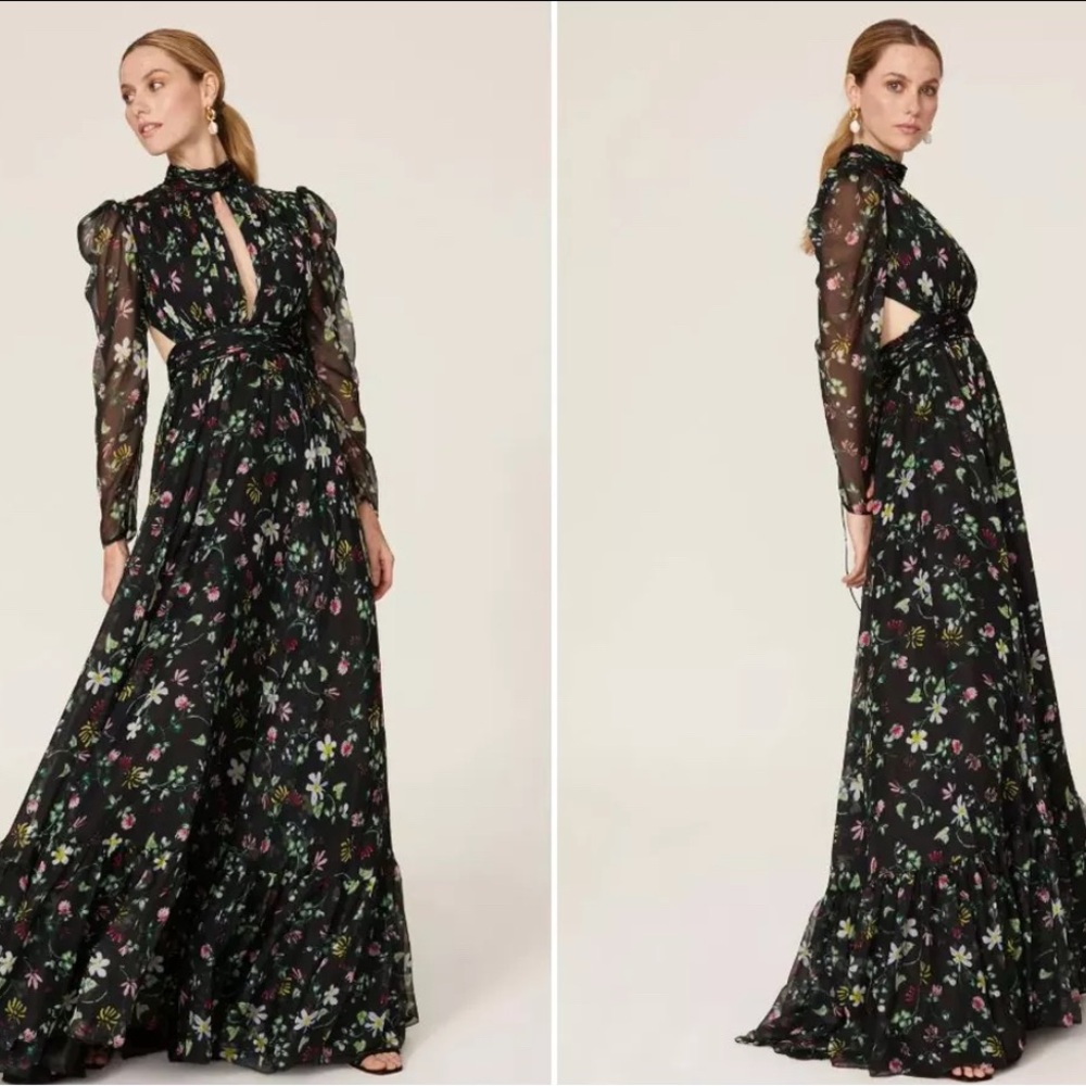 Mac Duggal Tie Back Floral Gown in Black Chiffon long sleeve Size 6 NWT 395$